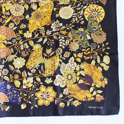 Hermes Carre 90 Scarf Flower Blooming Fabric Fan 100% Silk Black Pawn — view 5