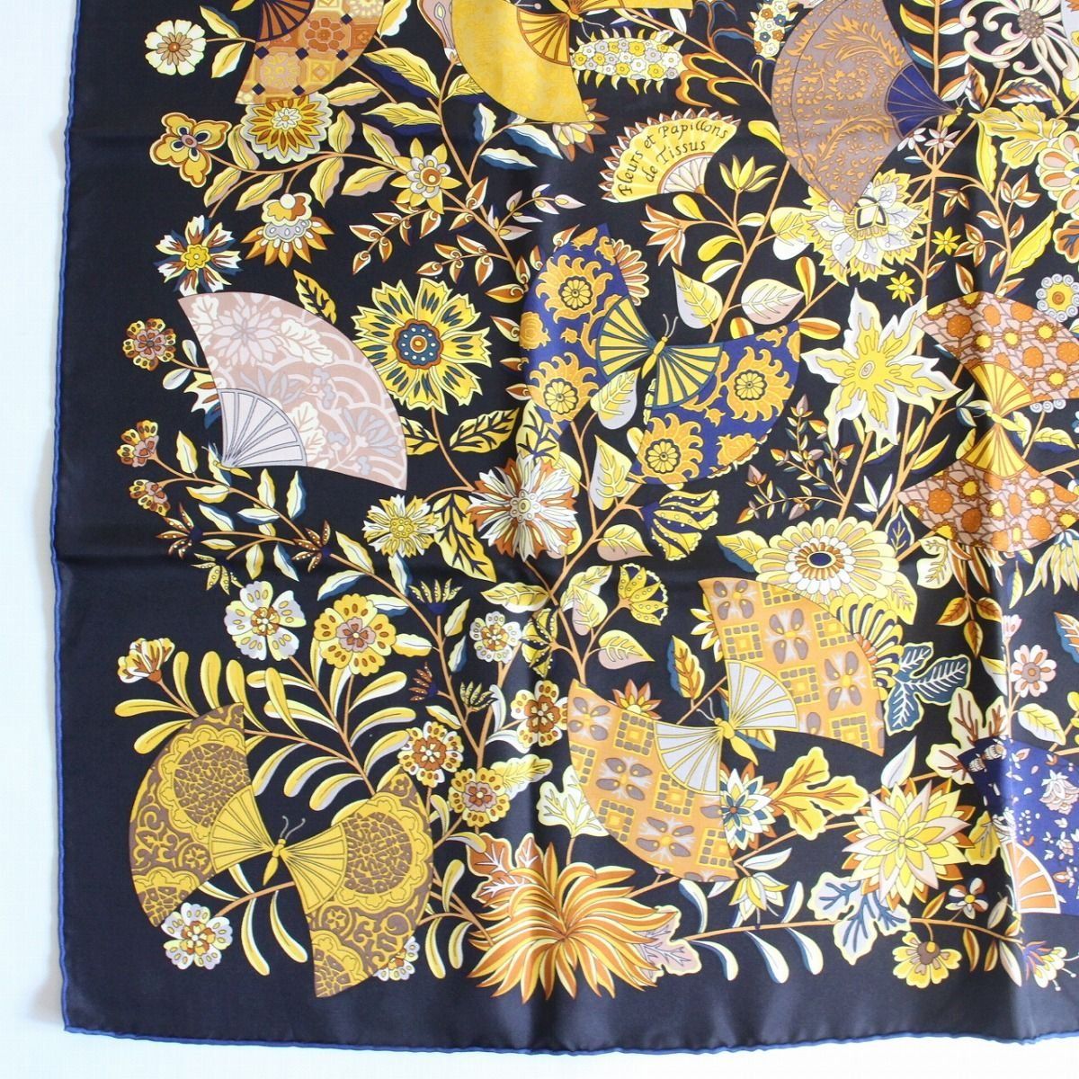 Hermes Carre 90 Scarf Flower Blooming Fabric Fan 100% Silk Black Pawn — view 4