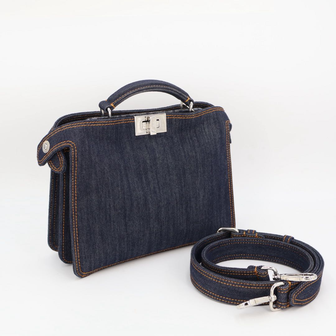 Fendi Peekaboo Icy Small Denim 2-Way Handbag Navy