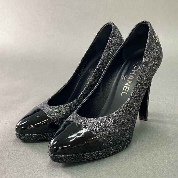Chanel CC Logo Patent Toe Glitter Pumps c Black Gray Shoes 36