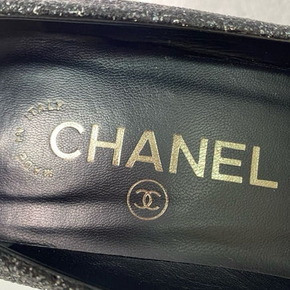 Chanel CC Logo Patent Toe Glitter Pumps c Black Gray Shoes 36 — view 8