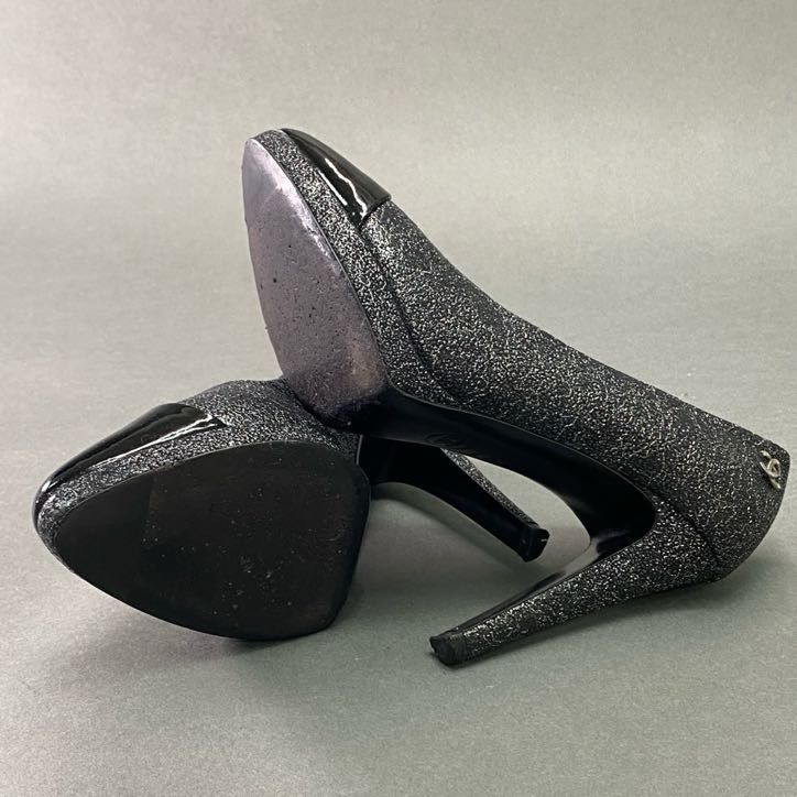 Chanel CC Logo Patent Toe Glitter Pumps c Black Gray Shoes 36 — view 5