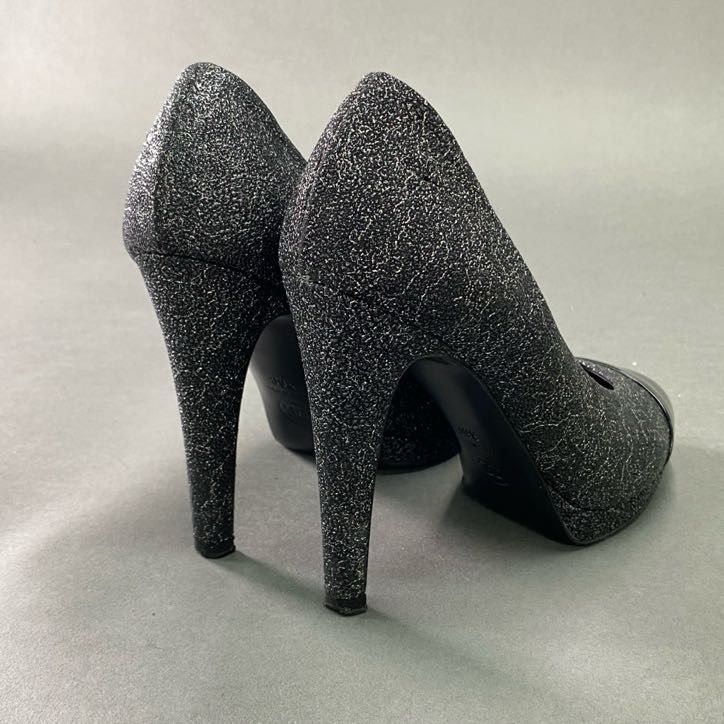 Chanel CC Logo Patent Toe Glitter Pumps c Black Gray Shoes 36 — view 4