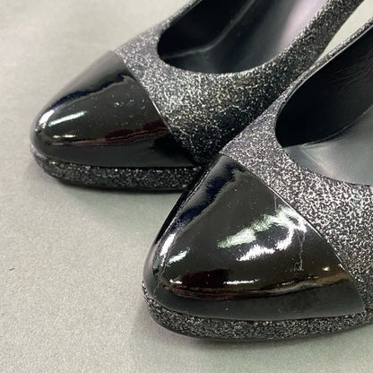 Chanel CC Logo Patent Toe Glitter Pumps c Black Gray Shoes 36 — view 7