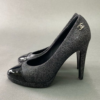 Chanel CC Logo Patent Toe Glitter Pumps c Black Gray Shoes 36 — view 3