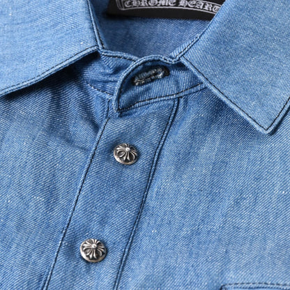 Chrome Hearts Denim Short Sleeve Polo Shirt M CH Cross Patch Ball Button Blue — view 4