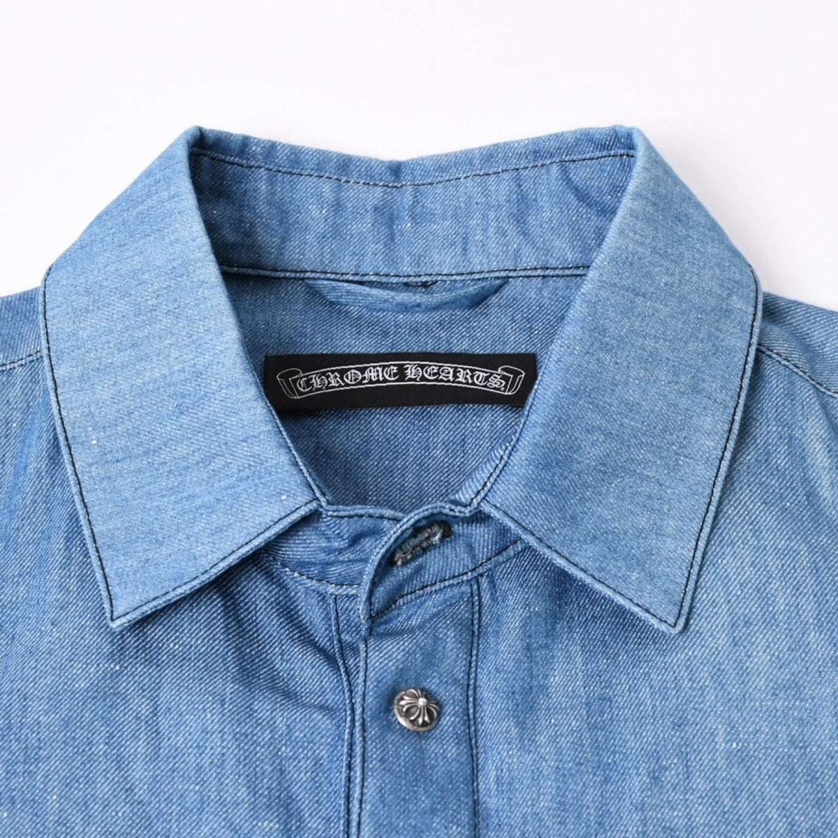 Chrome Hearts Denim Short Sleeve Polo Shirt M CH Cross Patch Ball Button Blue — view 3
