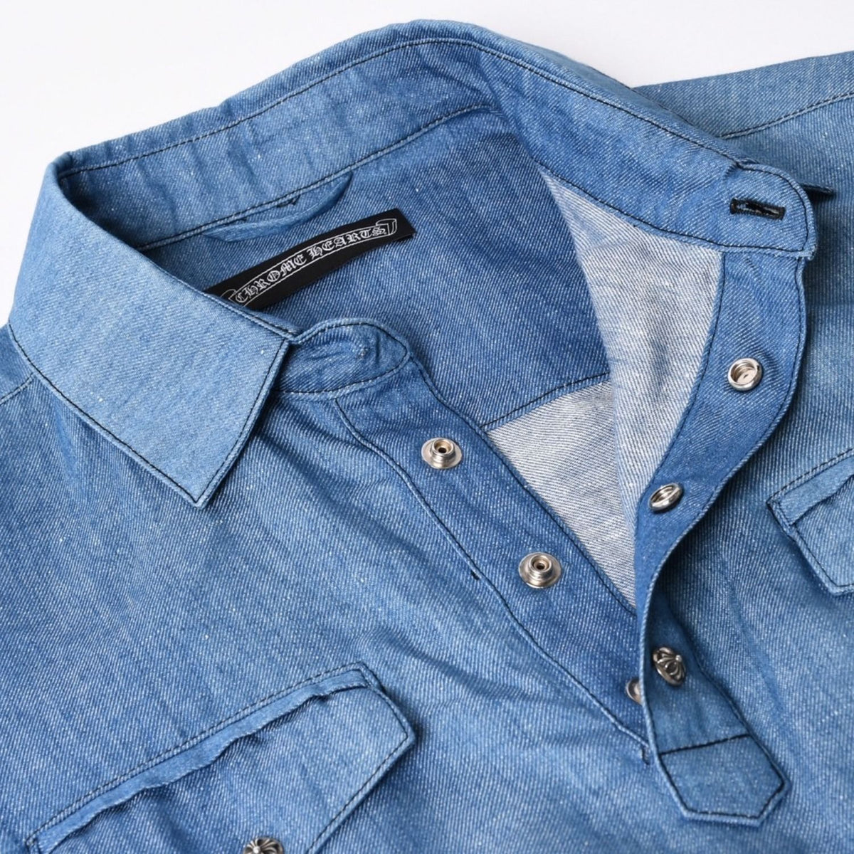 Chrome Hearts Denim Short Sleeve Polo Shirt M CH Cross Patch Ball Button Blue — view 5