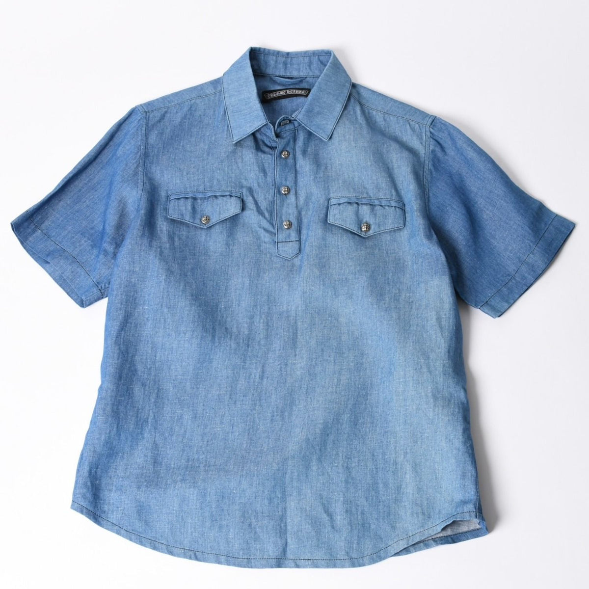 Chrome Hearts Denim Short Sleeve Polo Shirt M CH Cross Patch Ball Button Blue