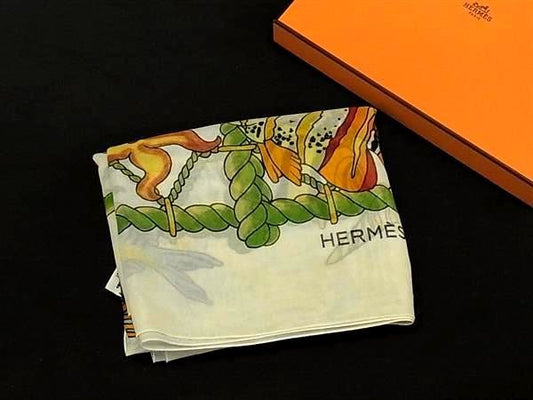 Hermes Pareo Fish 100% Cotton Scarf Shawl Ivory Skirt