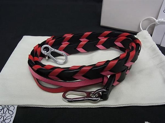 Loewe Thin Braided Leather Bag Shoulder Strap Belt Black Pink