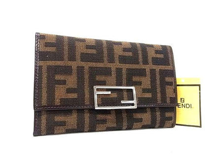 Fendi Zucca Pattern Canvas Leather Trifold Wallet Coin Purse Brown