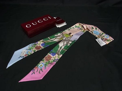 Gucci Flora 100% Silk Flower Ribbon Scarf Pink Multicolor