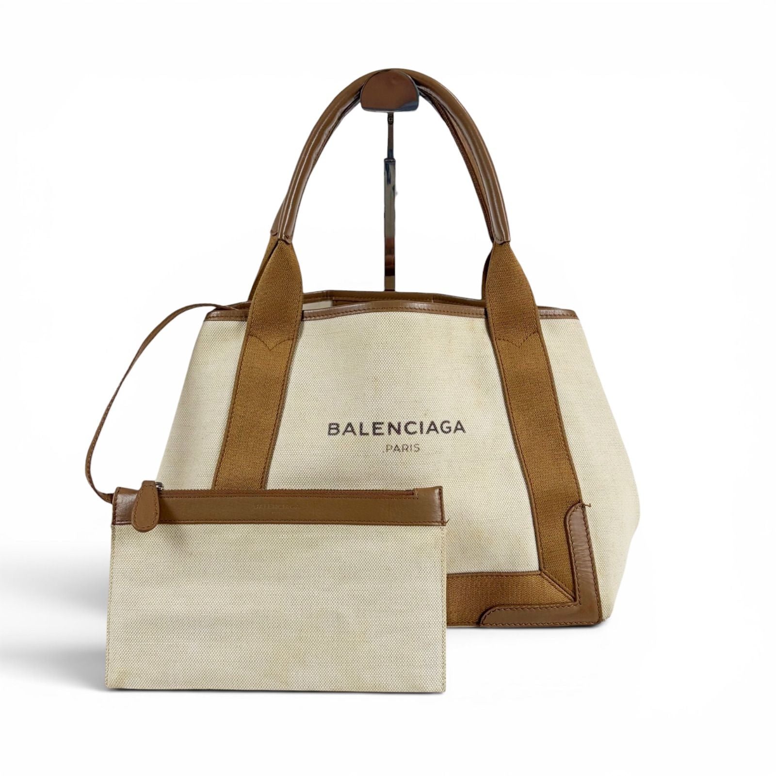 Balenciaga Navy Cabas S Mini Tote Bag Brown White Canvas
