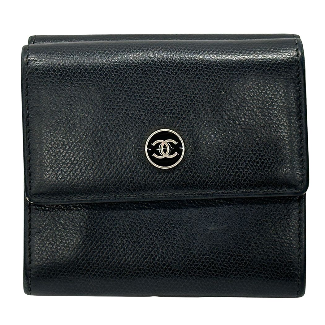Chanel Wallet Coco Button Bifold Leather Black Simple Adult Logo