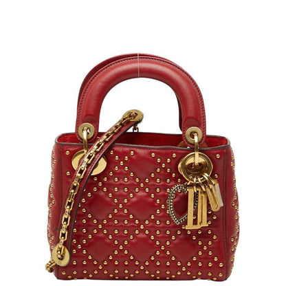 Dior Mini Lady Dior Studs Chain Shoulder Bag 2-Way Red Lambskin