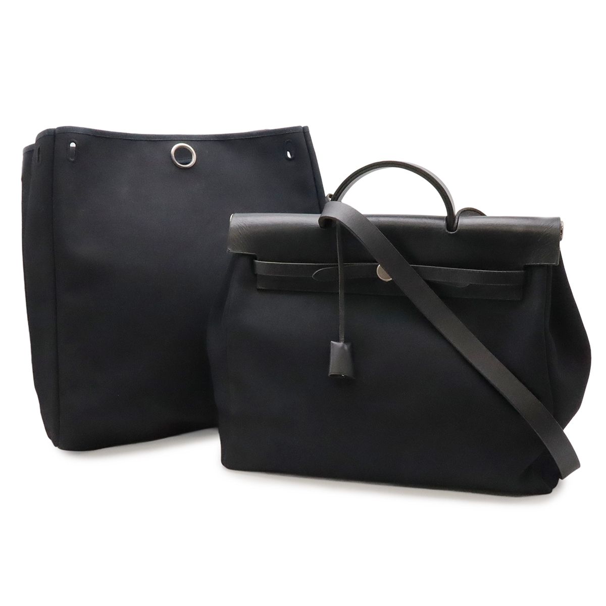Hermes Herbag MM 2-Way Shoulder Bag Toile Officier Canvas Black Stopper Out
