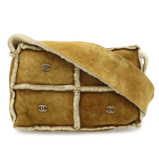 Chanel CC Logo Shoulder Bag Crossbody Shearling Brown Silver