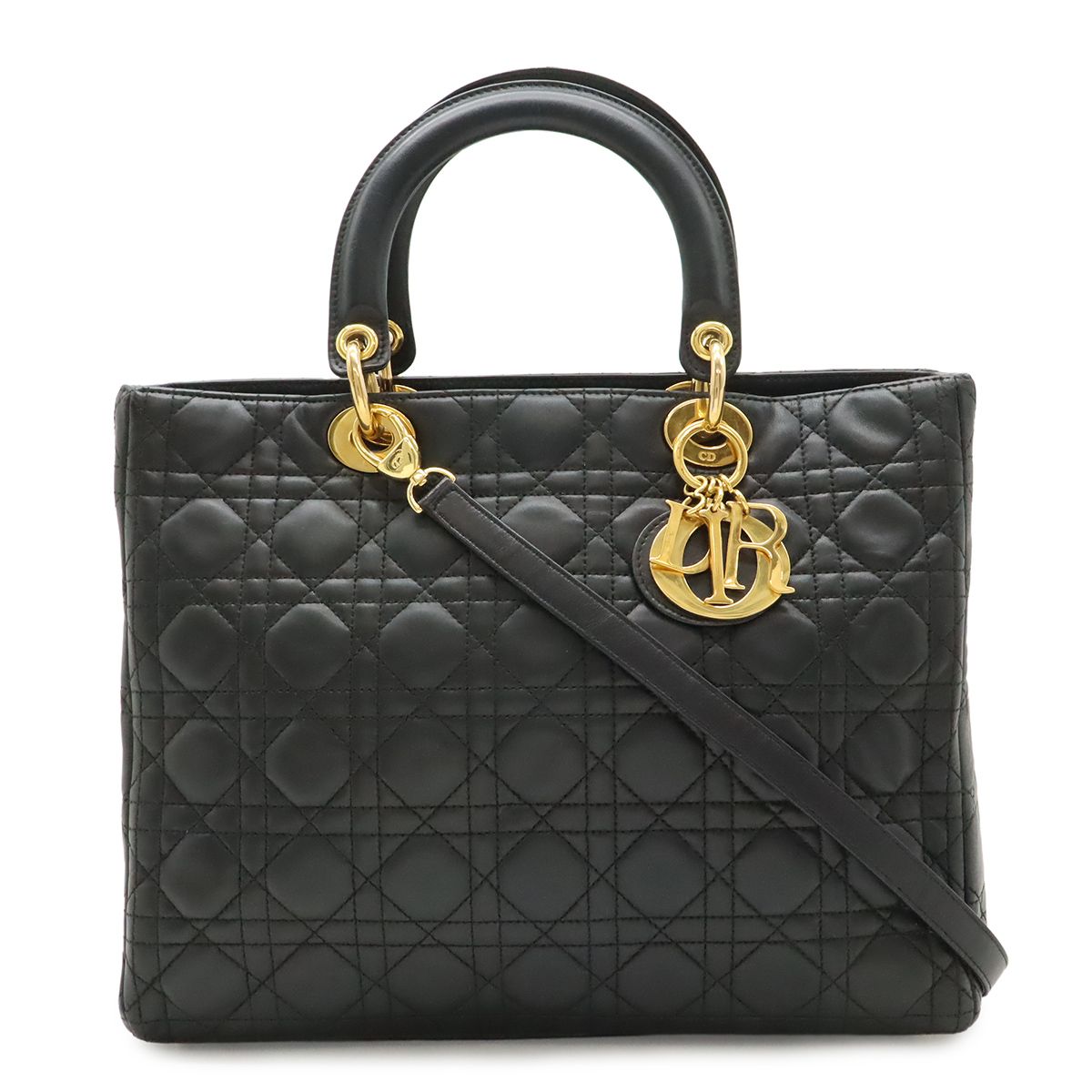 Dior Lady Dior Large Cannage 2-Way Shoulder Bag Leather Black Gold