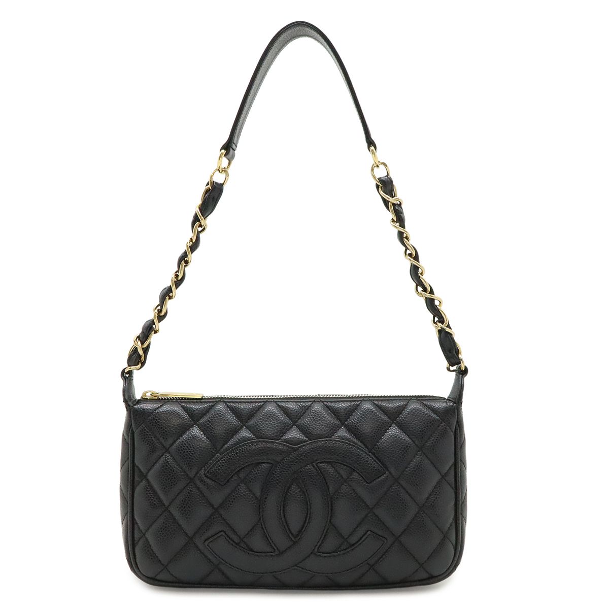 Chanel Quilted CC Logo Chain Shoulder Bag Caviar Leather Black Gold