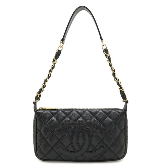 Chanel Quilted CC Logo Chain Shoulder Bag Caviar Leather Black Gold