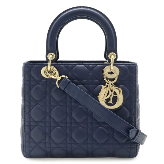 Dior Cannage 2-Way Shoulder Bag Leather Navy Gold