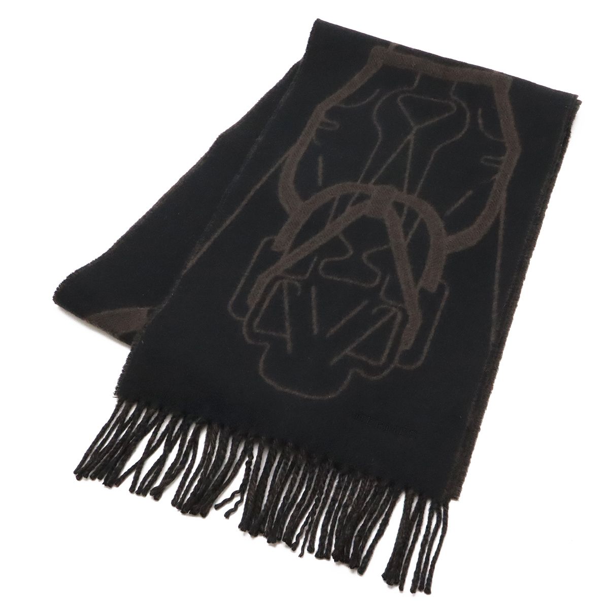 Hermes Cashmere Scarf Tet Tet Equestre Shawl Fringe Black Dark Brown