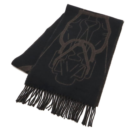 Hermes Cashmere Scarf Tet Tet Equestre Shawl Fringe Black Dark Brown