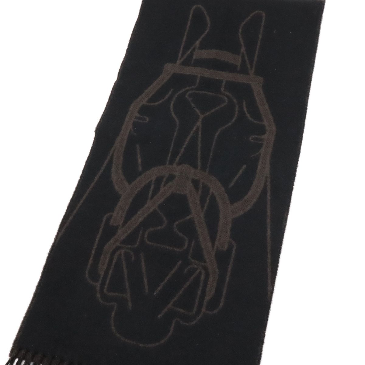 Hermes Cashmere Scarf Tet Tet Equestre Shawl Fringe Black Dark Brown — view 3