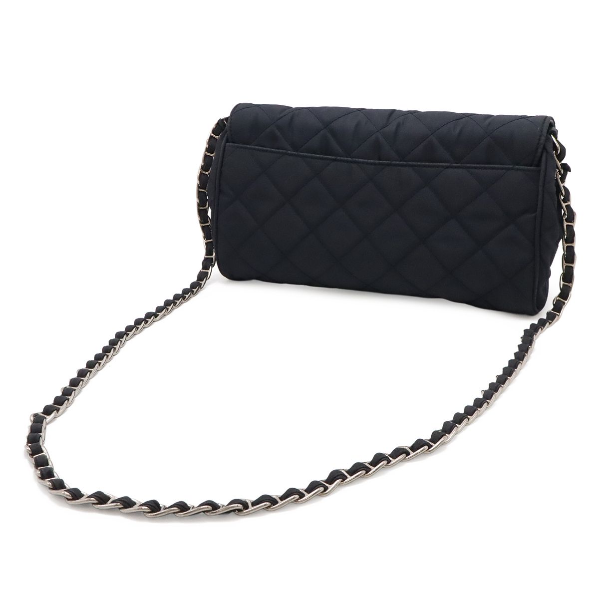 Prada Chain Shoulder Bag 2-Way Clutch Quilted Nylon Leather Navy Silver — view 2