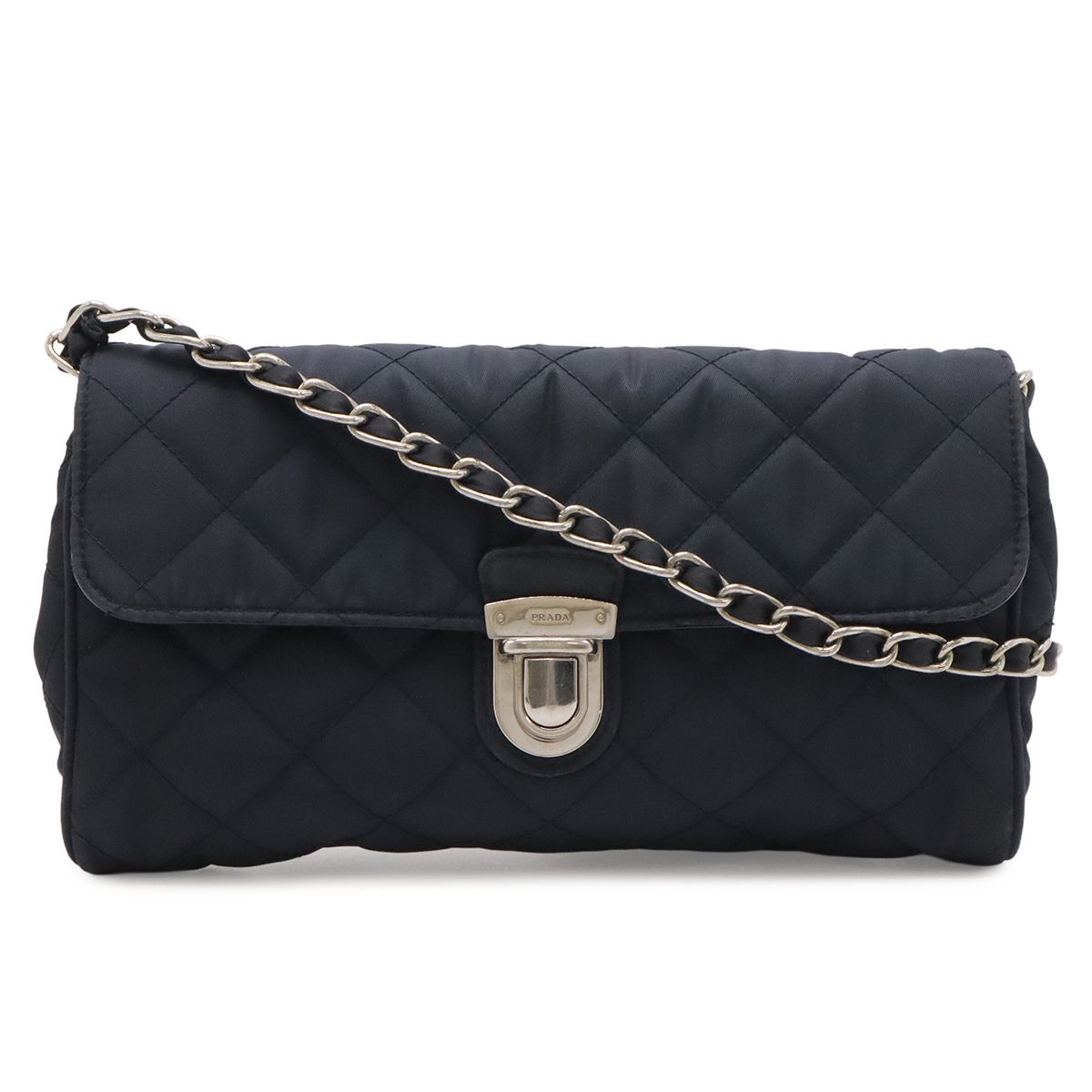Prada Chain Shoulder Bag 2-Way Clutch Quilted Nylon Leather Navy Silver