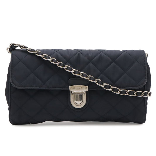 Prada Chain Shoulder Bag 2-Way Clutch Quilted Nylon Leather Navy Silver