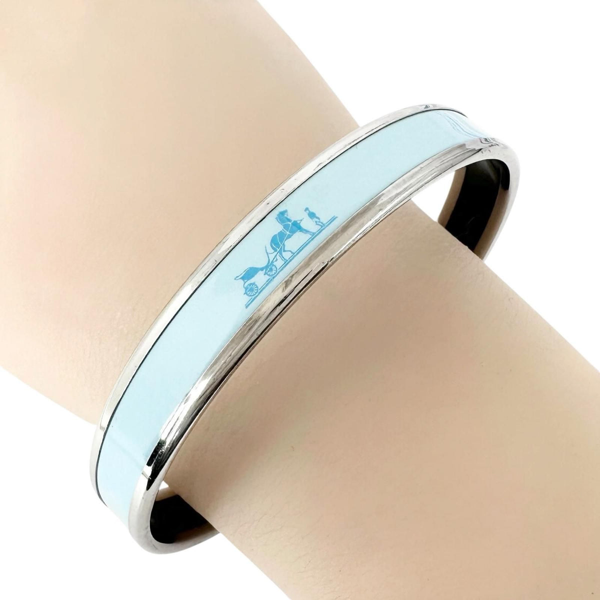 Hermes Enamel Metal Silver Blue Bangle Bracelet — view 4