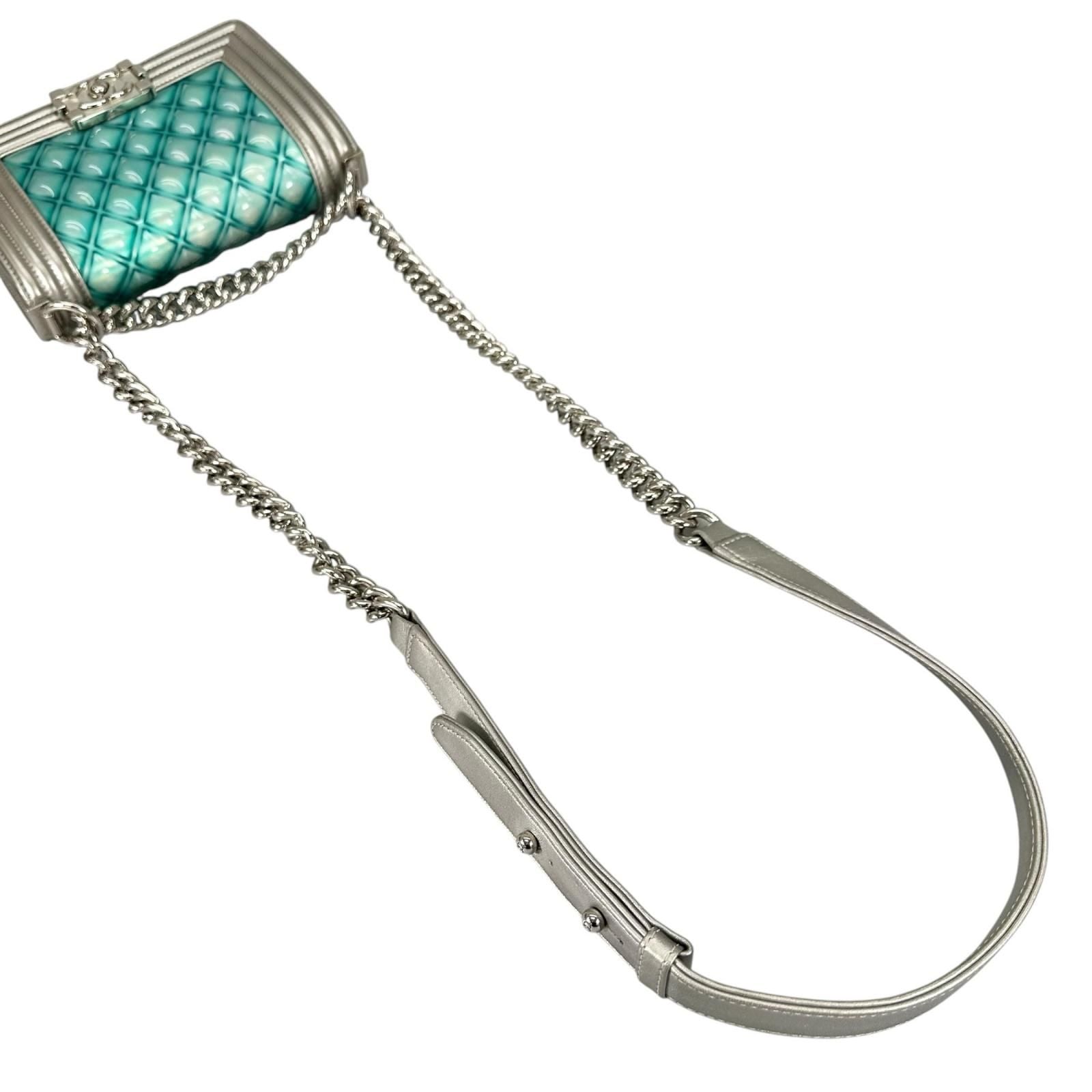 Chanel Boy Patent Leather Lambskin Silver Light Blue Shoulder Bag — view 5