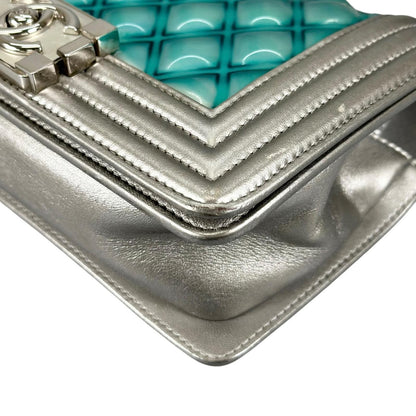 Chanel Boy Patent Leather Lambskin Silver Light Blue Shoulder Bag — view 7