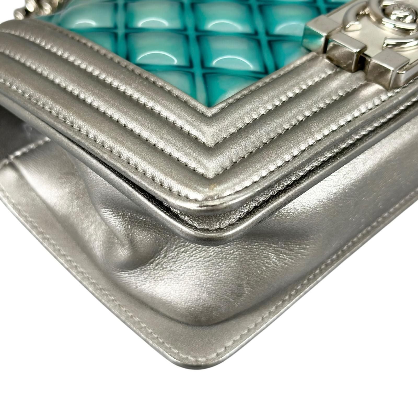 Chanel Boy Patent Leather Lambskin Silver Light Blue Shoulder Bag — view 6