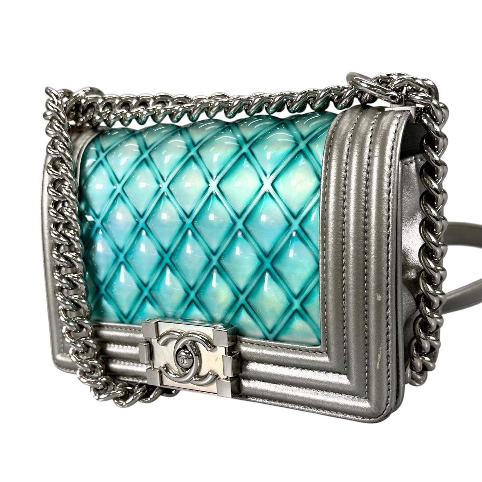 Chanel Boy Patent Leather Lambskin Silver Light Blue Shoulder Bag — view 4