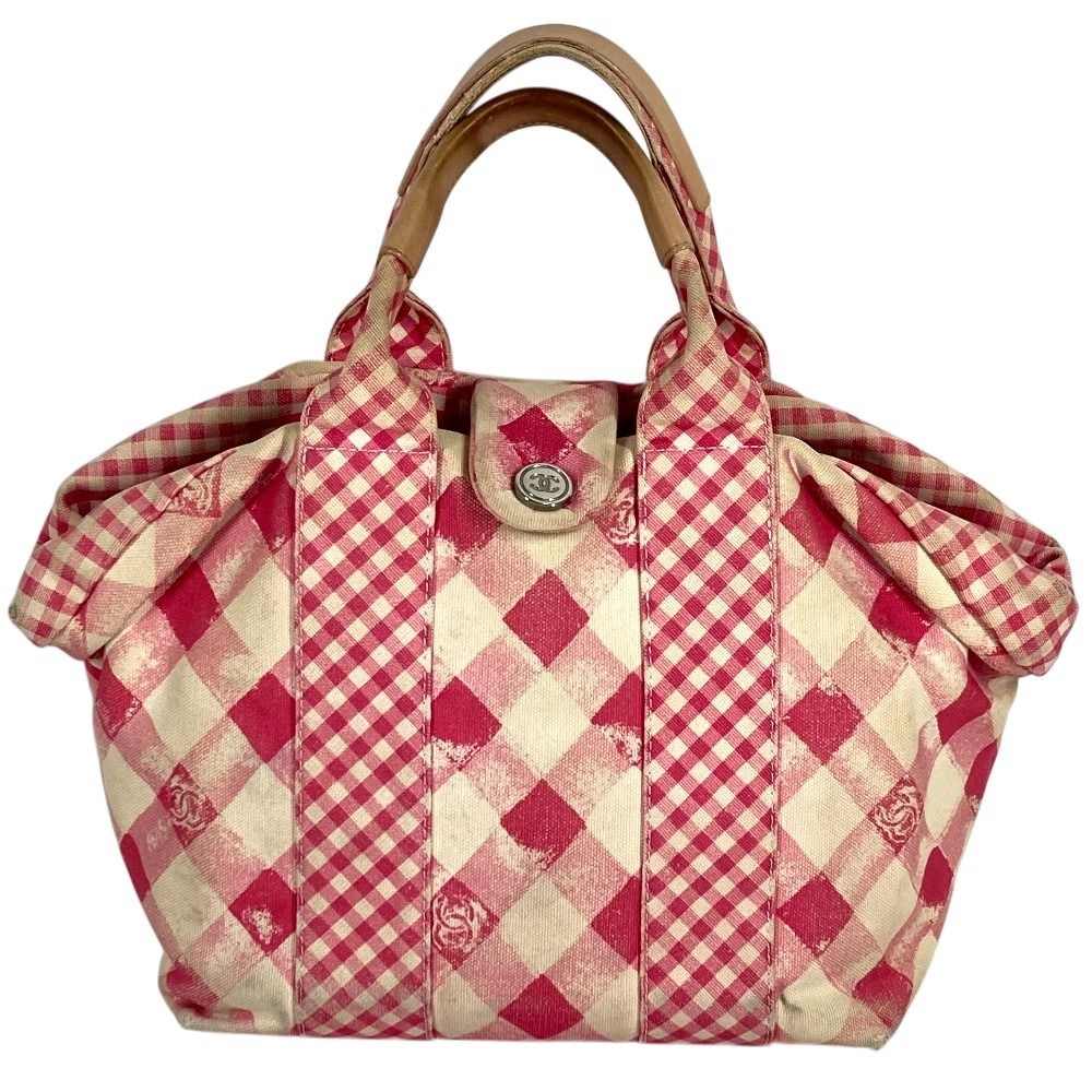 Chanel Handbag CC Logo Gingham Check Canvas Pink