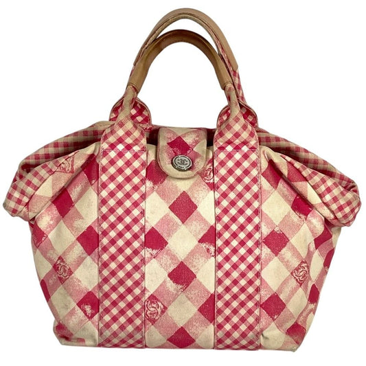 Chanel Handbag CC Logo Gingham Check Canvas Pink