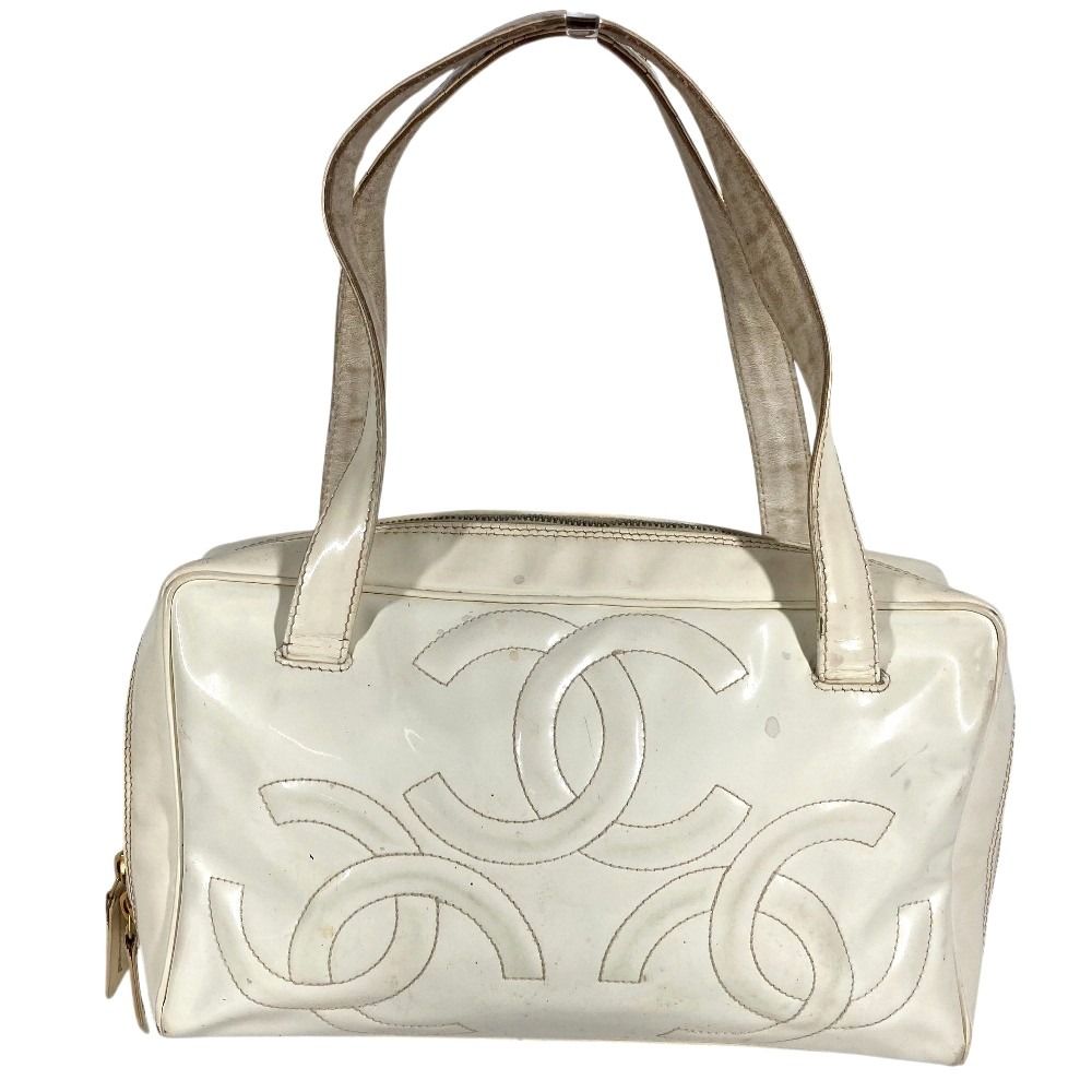 Chanel Shoulder Bag Logo Triple Coco CC Patent White