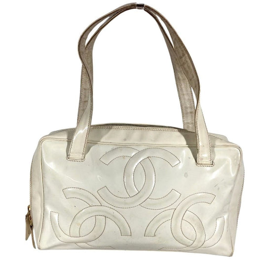 Chanel Shoulder Bag Logo Triple Coco CC Patent White