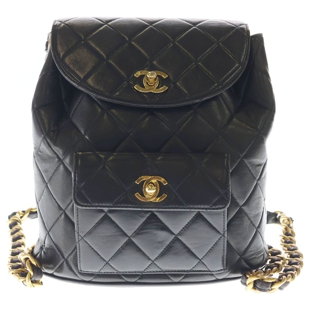 Chanel Quilted Backpack Lambskin Gold Black Seal