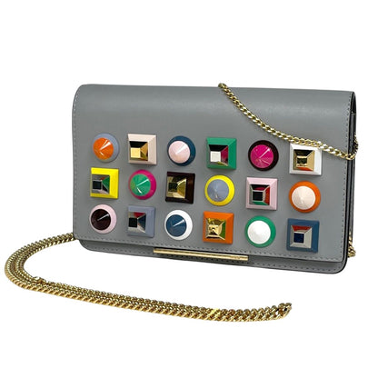 Fendi Studs Chain Wallet Rainbow Multi Shoulder Bag Leather Gray Multicolor