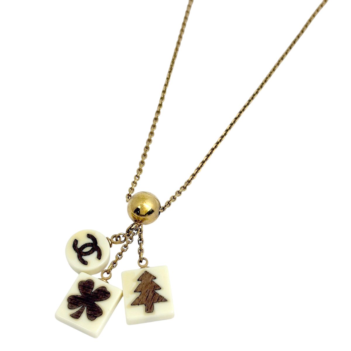 Chanel CC Logo Necklace Clover Tree Gold Plated White