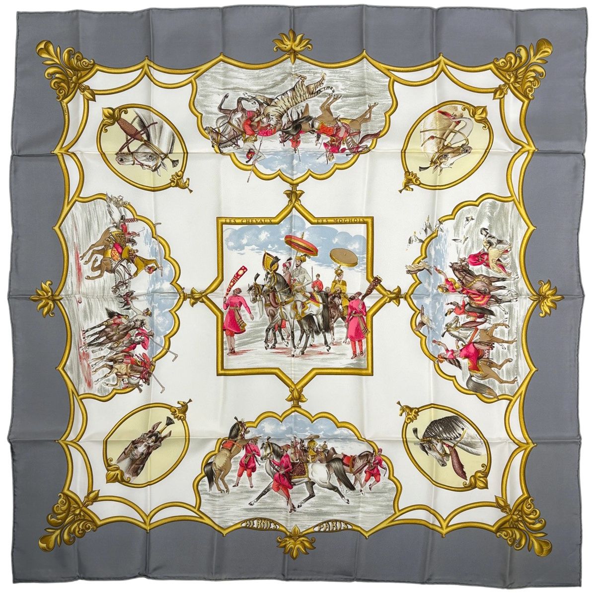 Hermes Carre 90 Les Chevaux Des Moghols Mughal Dynasty Horse Scarf Silk Gray