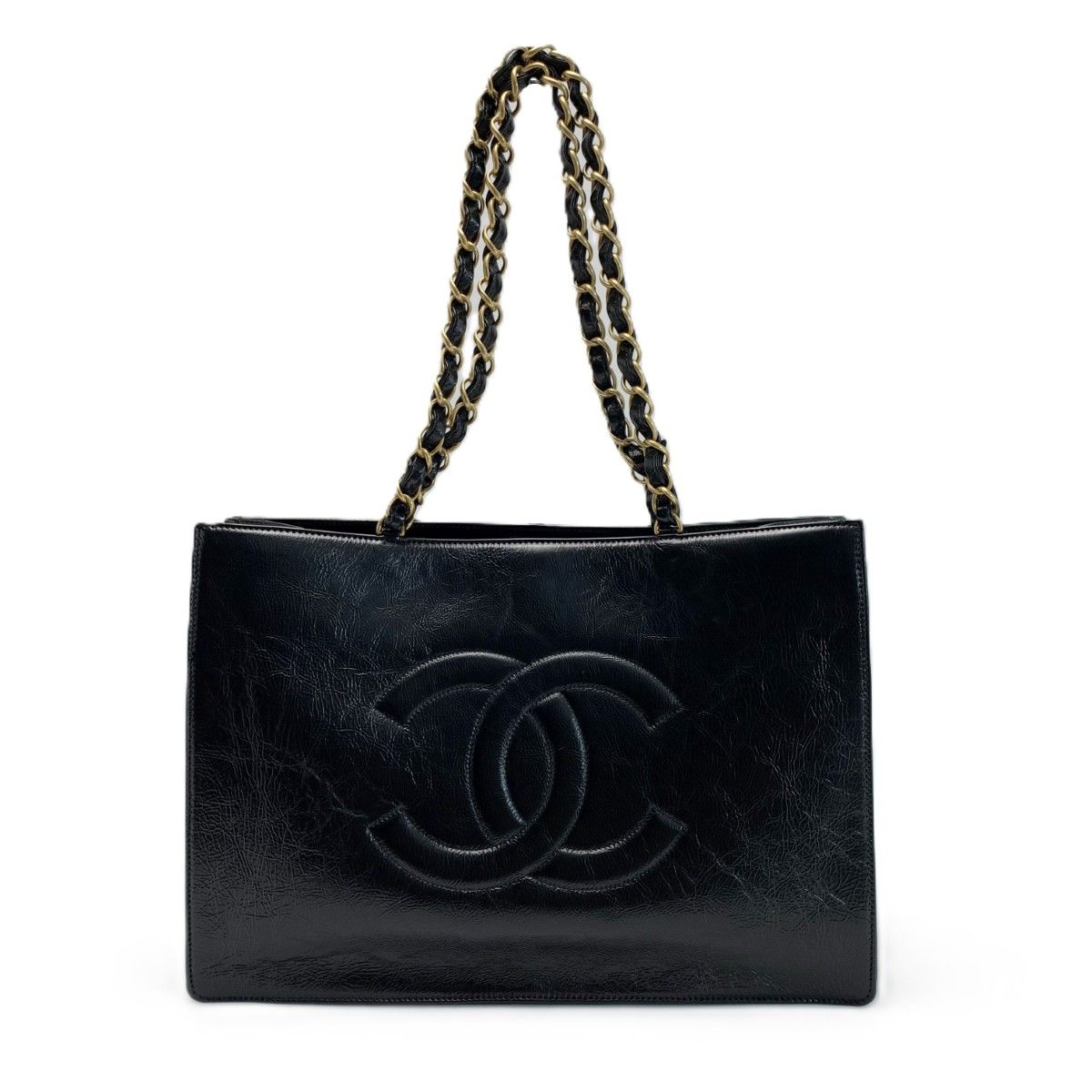 Chanel CC Logo Chain Shoulder Shiny Aged Calfskin Black With Card Tote Bag