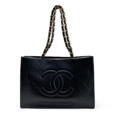 Chanel CC Logo Chain Shoulder Shiny Aged Calfskin Black With Card Tote Bag