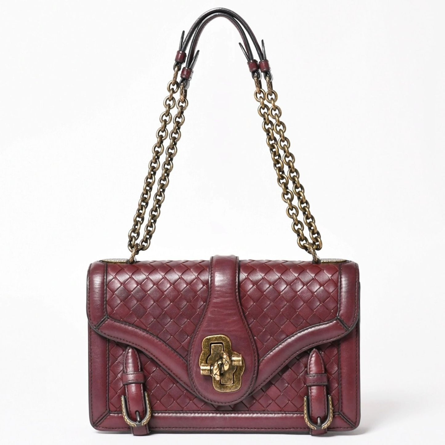 Bottega Veneta Intrecciato Limpia Knot Chain Shoulder Bag Red Calfskin Wine