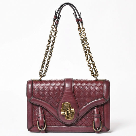 Bottega Veneta Intrecciato Limpia Knot Chain Shoulder Bag Red Calfskin Wine