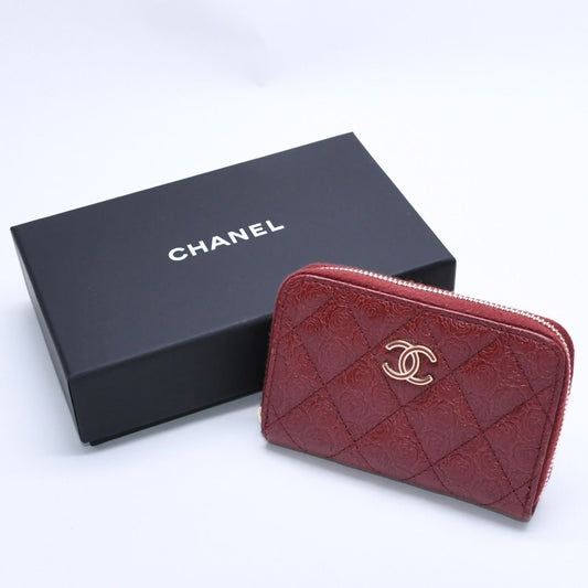 Chanel Camellia Embossed Quilted Zip Around Coin Purse Calfskin CC Logo